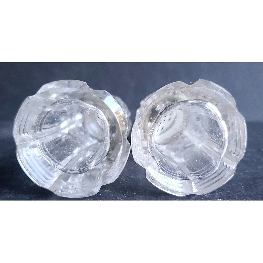Vintage Crystal Salt-n-Pepper Shakers Metal Lids Mother of Pearl Lids Sterling‎